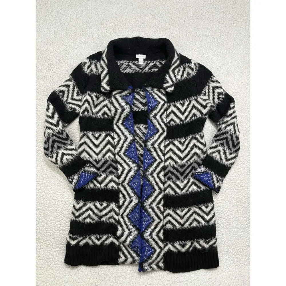 Chicos Open Cardigan Sweater Duster Azure Trim Vivacious Black Wool Blend Sz 1 M